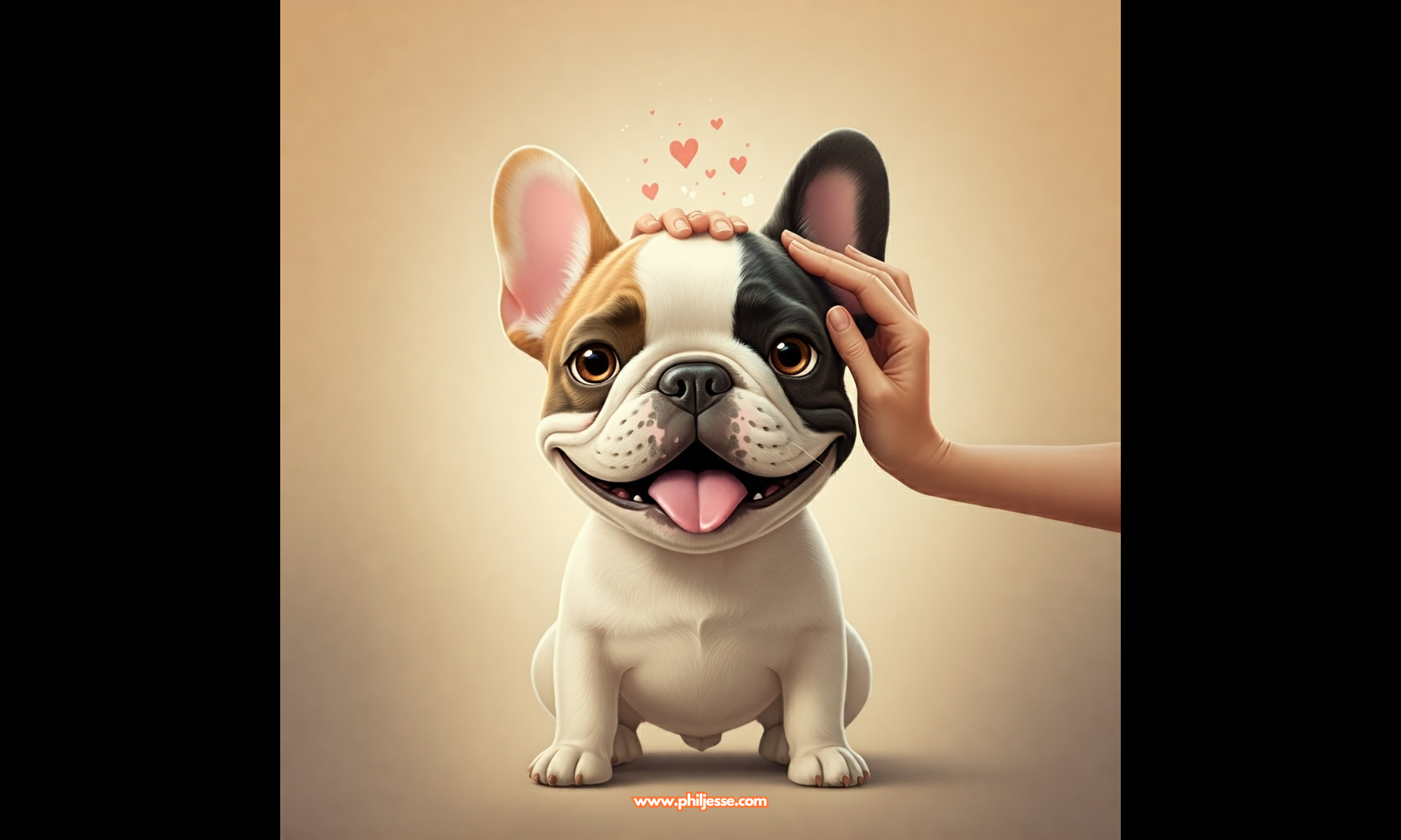 A vibrant cartoon French Bulldog, with large, expressive eyes and a contented smile, receives a gentle head massage. Swirls of colorful, abstract shapes and patterns surround the dog, representing the soothing and happy feelings of the mind massage.