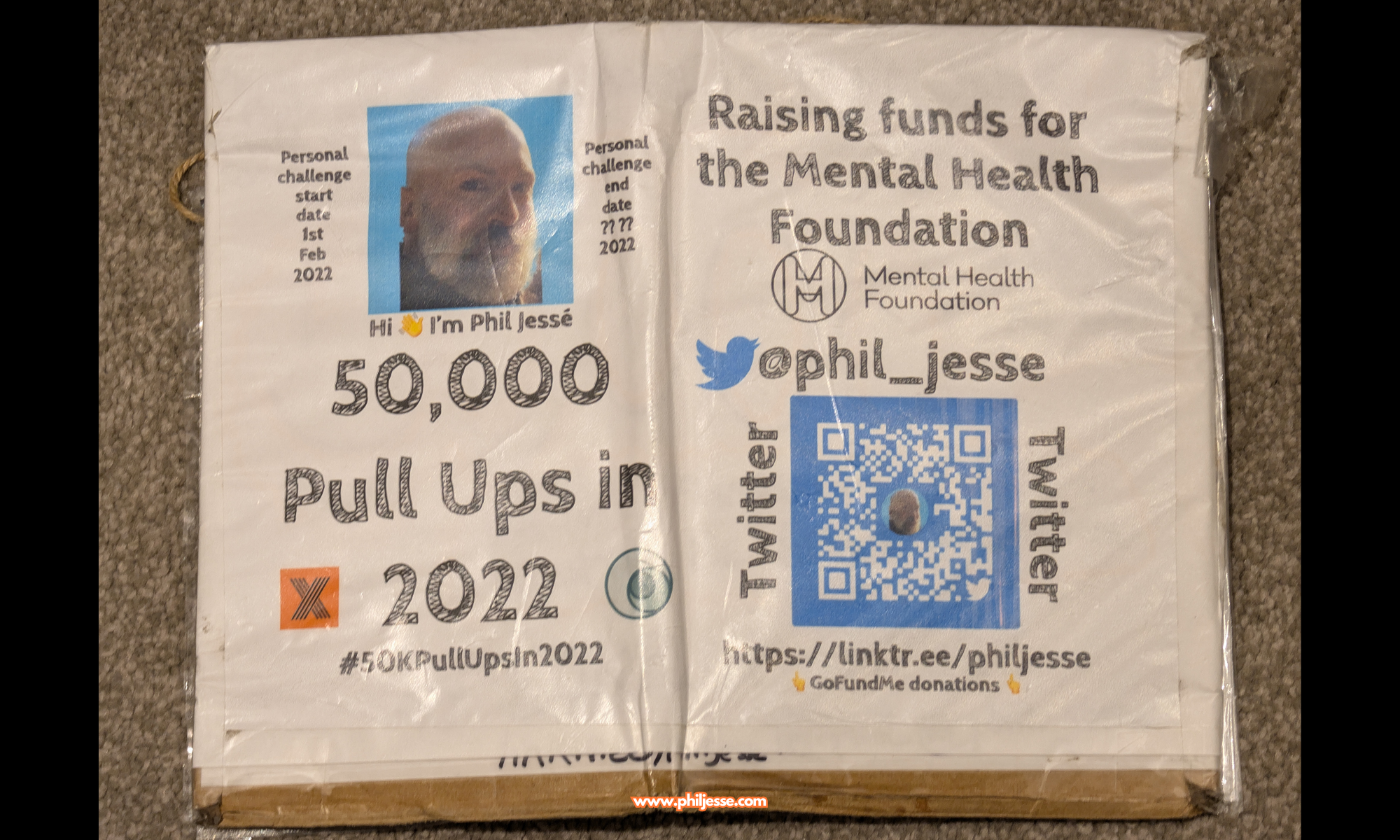 Amazon parcel packaging featuring details of Phil Jessé's 50,000 Pull-Up Challenge for charity fundraising.