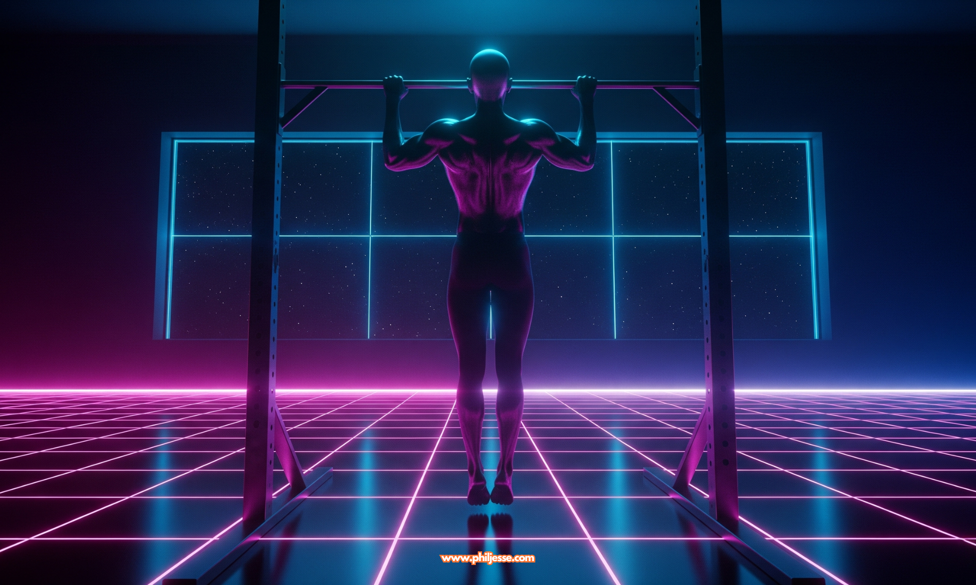 A lone, androgynous athlete does a pull-up in a retro-futuristic gym. The scene has a neon grid floor and a starry sky view, with a blue, magenta, and purple color scheme.