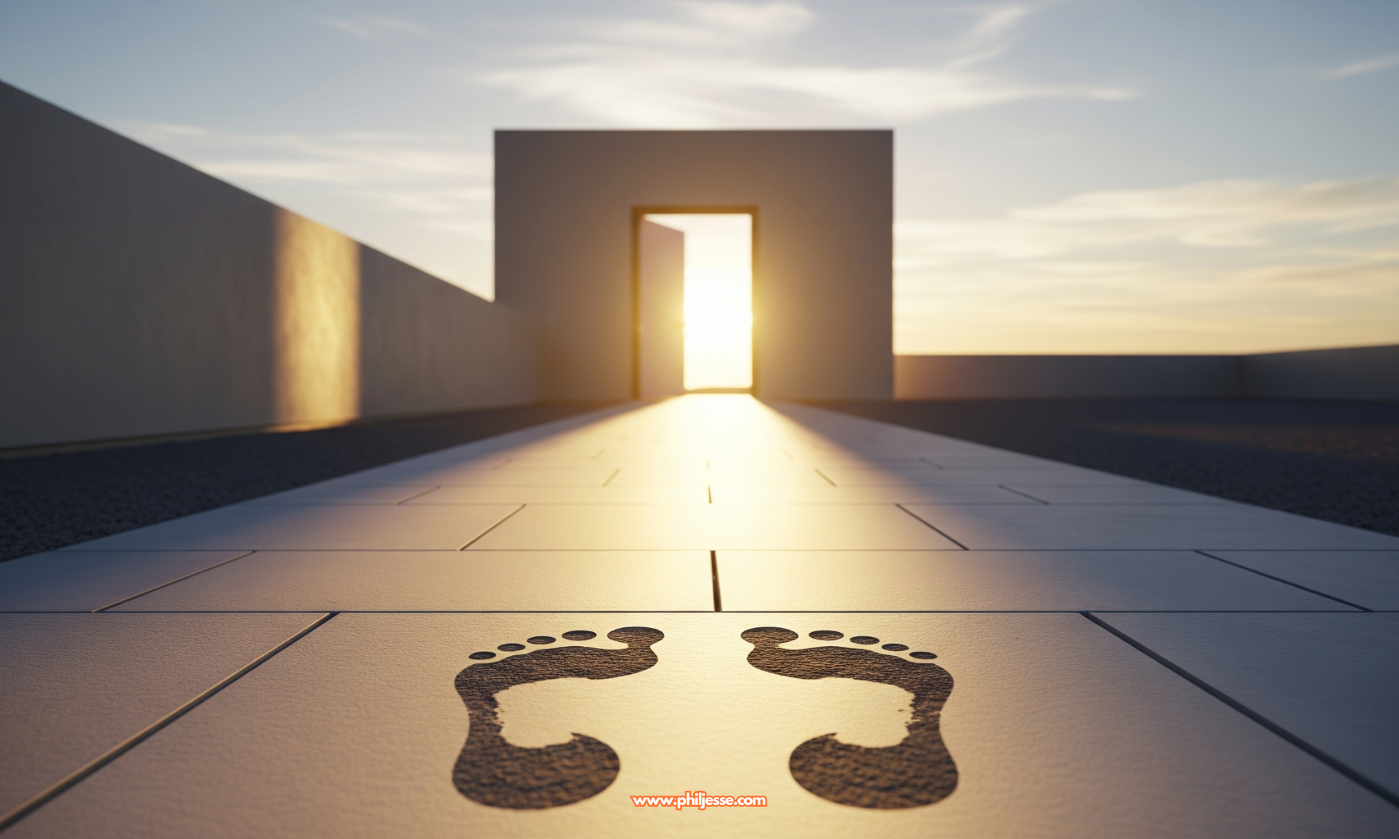 Two sets of footprints begin a journey on a clear path leading to a sunlit doorway, symbolizing a hopeful new beginning.