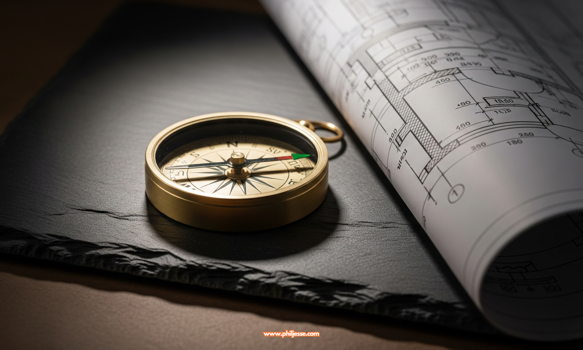 A brass compass points forward on a dark slate surface next to a detailed architectural blueprint, conveying wisdom and strategy.