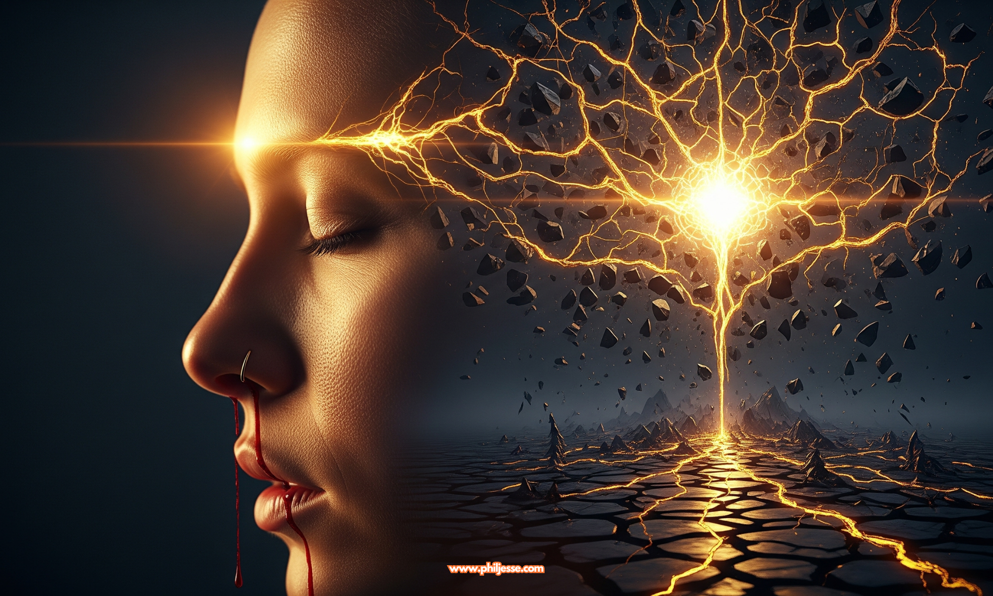 Conceptual art: Woman's profile, eyes closed, blood drips from nose. Bright golden energy cracks emanate from her forehead, shattering the ground and background into fragments.