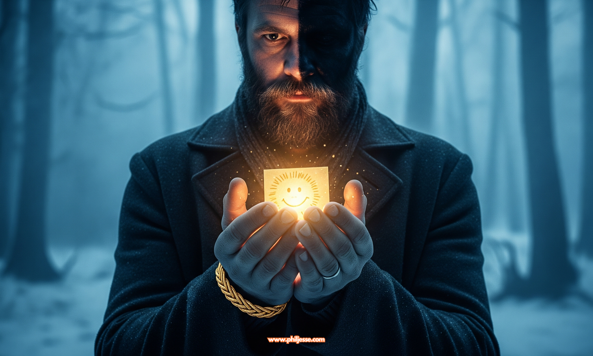 Bearded man in a dark overcoat stands in a misty forest, cupping a small, brightly glowing cube with a simple smiley face, illuminating his hands and lower face.
