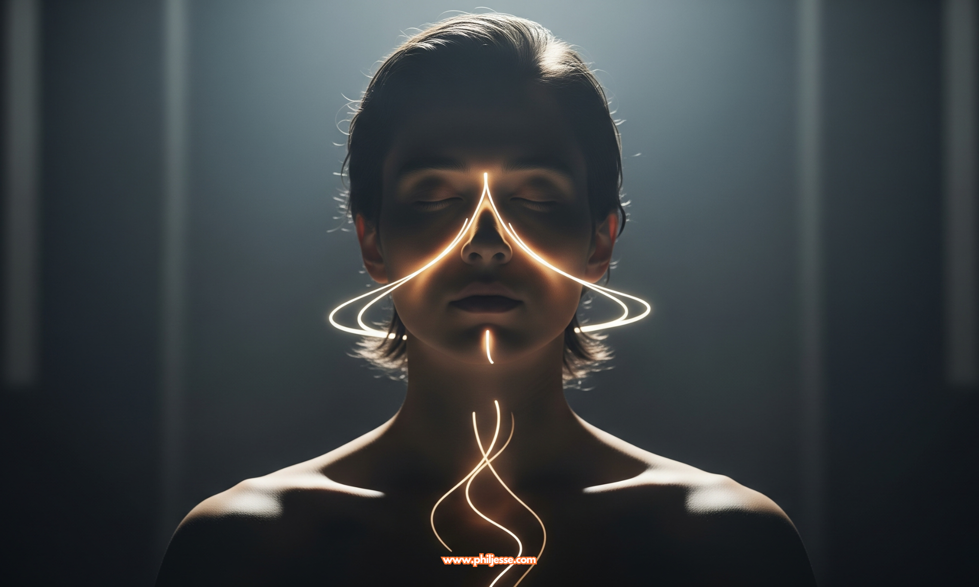 A photorealistic portrait of an androgynous person in serene meditation. A glowing line of light visualizes the calm rhythm of their breath as it flows around their face and chest.