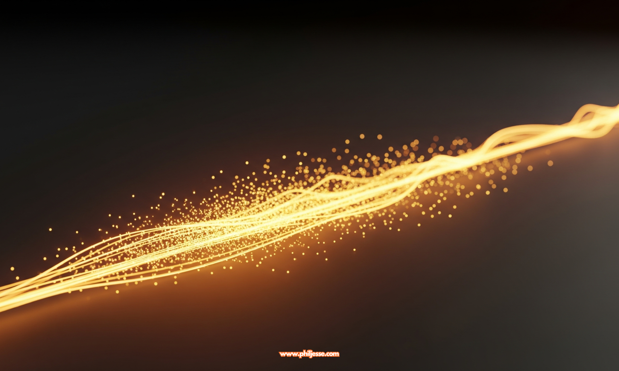 Abstract image of a vibrant, warm amber stream of light, with smaller light particles merging into it, representing collaboration and active dialogue in a business framework.