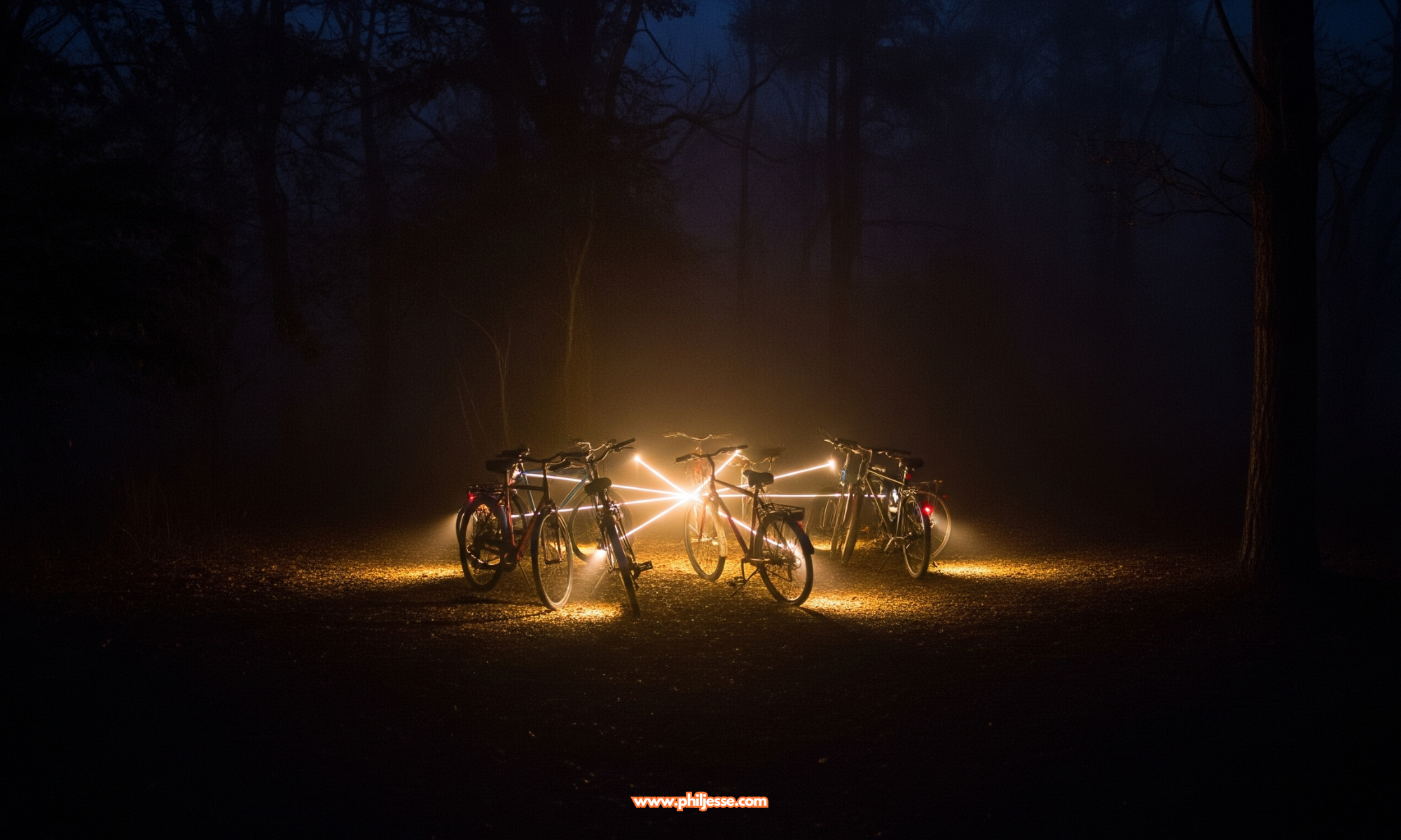 Four bikes form a circle in a dark, misty forest at night. Starburst light emanates from the middle, illuminating the bicycles and fallen leaves. Bare trees loom in the fog.