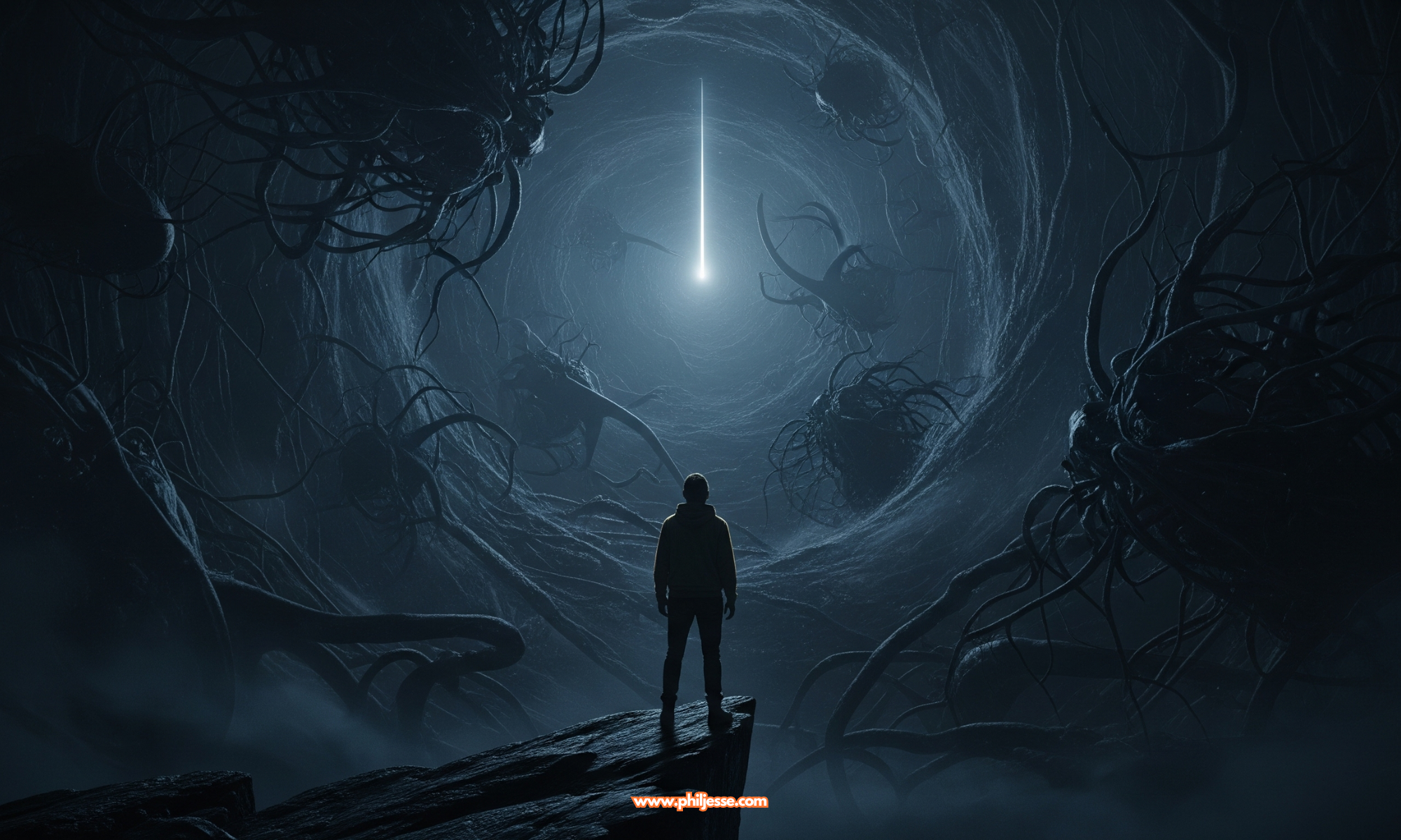 Rear view of a person standing on a rocky precipice, gazing into a large, dark, swirling tunnel made of intricate root structures, leading to a bright light.