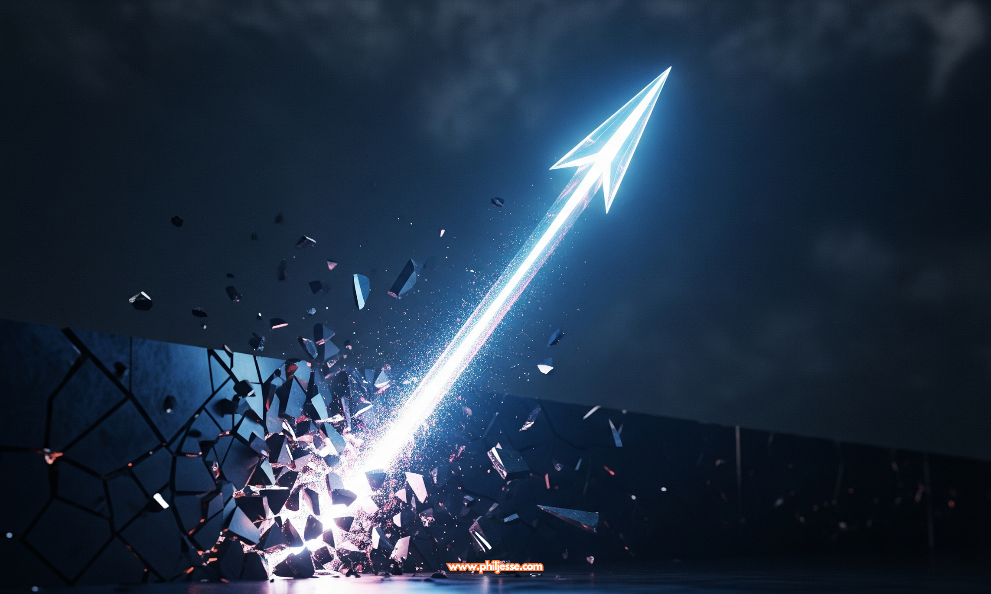 A powerful, symbolic image of a glowing blue arrow shattering a dark, fractured barrier as it ascends, representing breakthrough and achieving audacious goals.