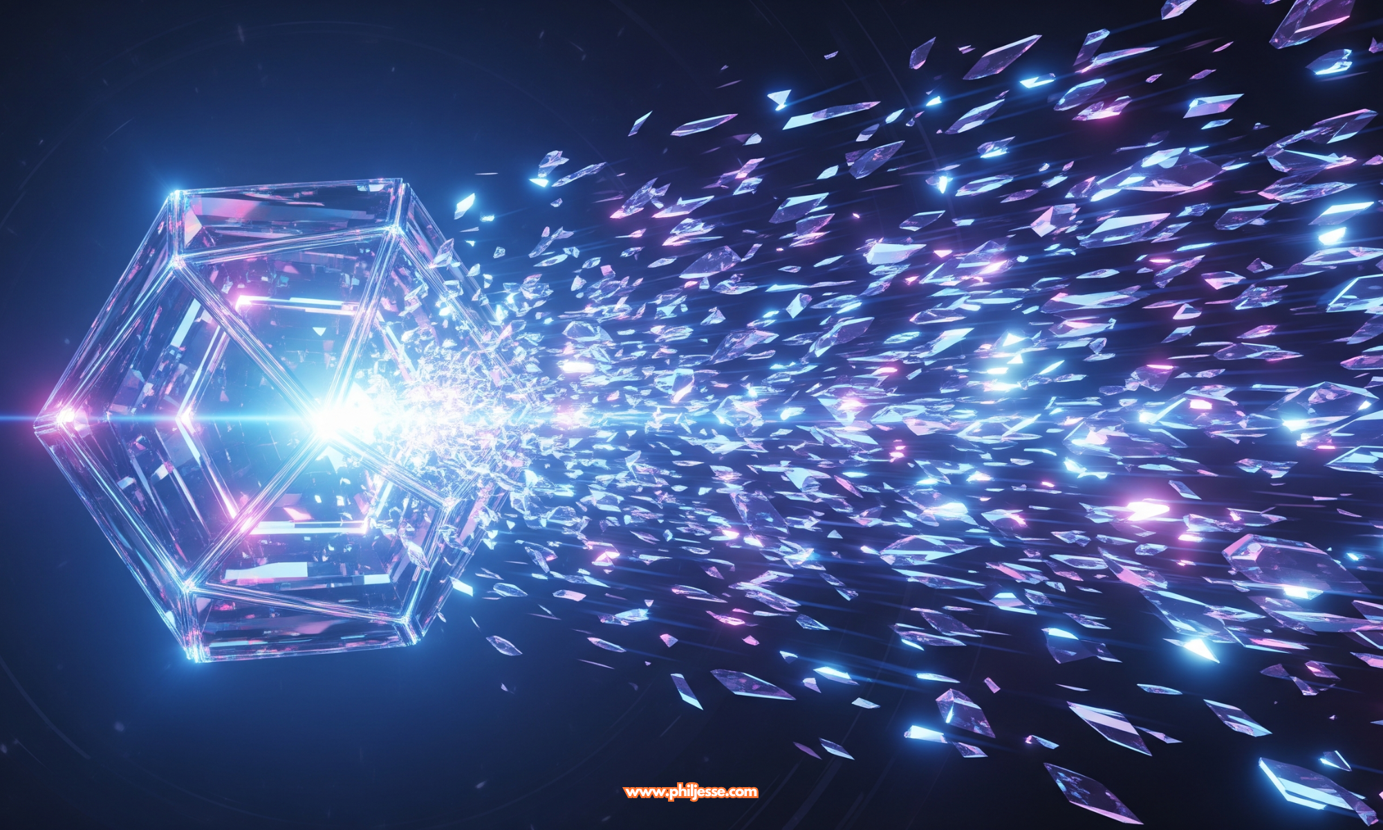 A symbolic image of a glowing geometric crystal on the left, representing a 'toolkit,' bursting into a stream of countless smaller, bright shards moving right, symbolizing 'sharing at scale.