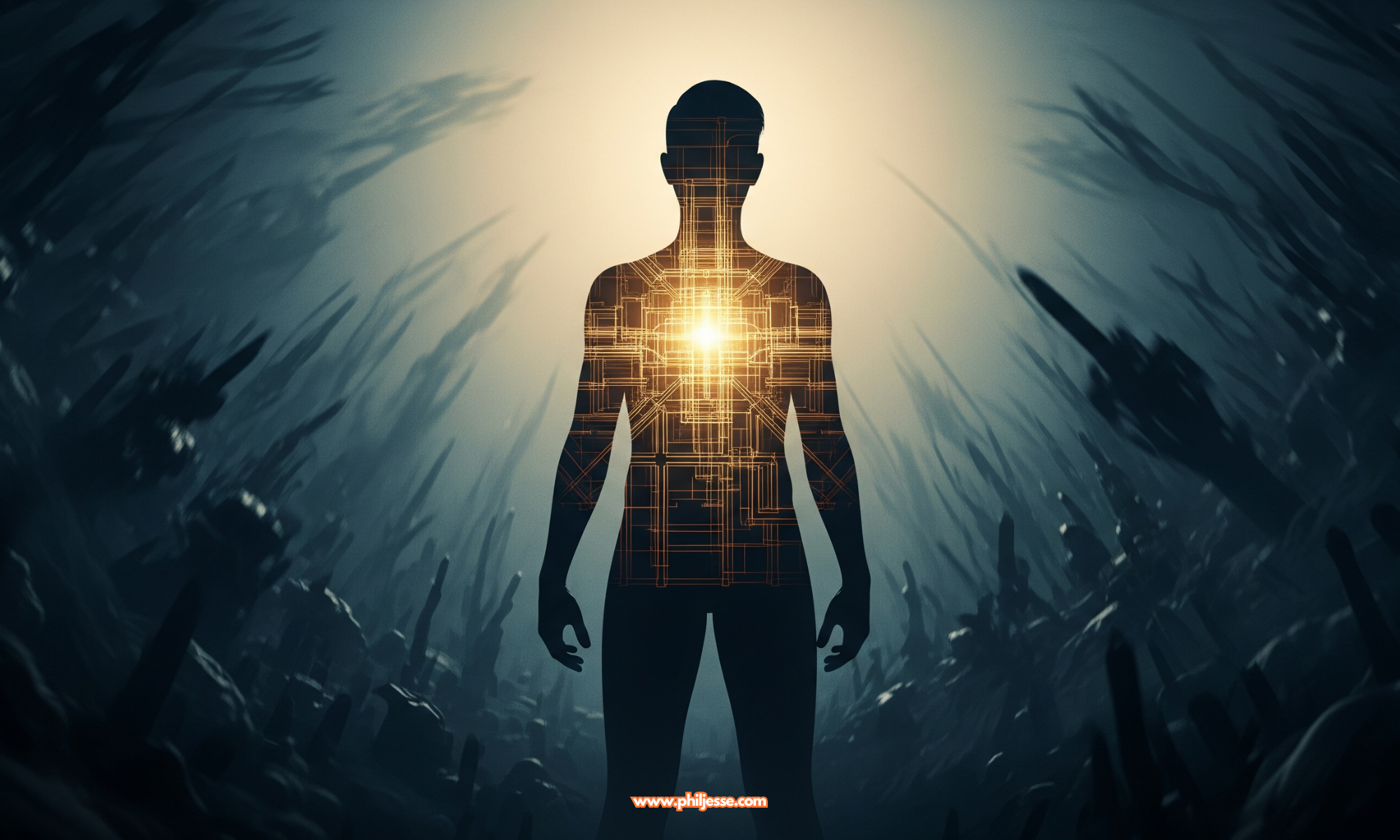 Silhouette of a person, glowing inside with a golden architectural blueprint, representing inner strength and resilience against a dark, chaotic world.