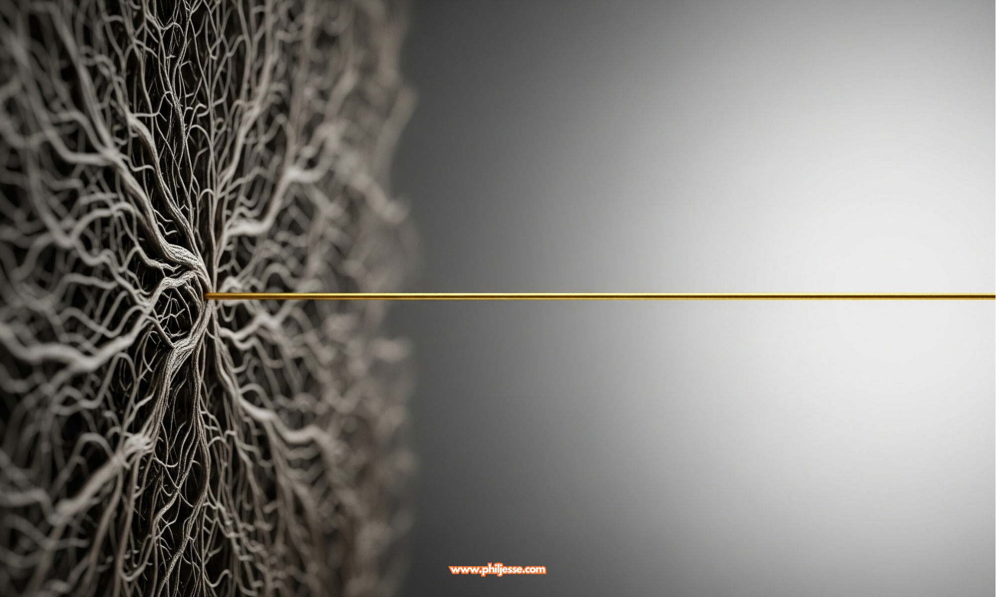 A symbolic image of a tangled knot of white, root-like threads on the left, with a single, straight golden thread emerging and stretching into a clear, bright space on the right.