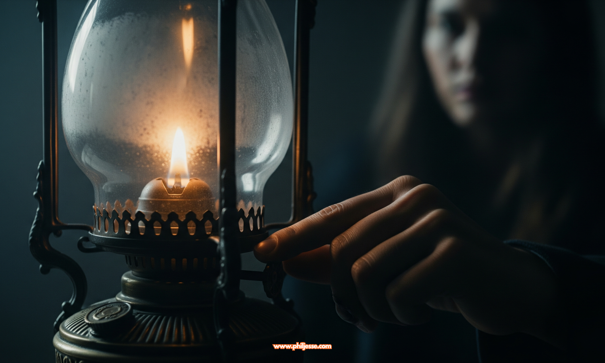 A hand dims the flickering flame of an ornate gas lamp, a cinematic metaphor for gaslighting and psychological control.