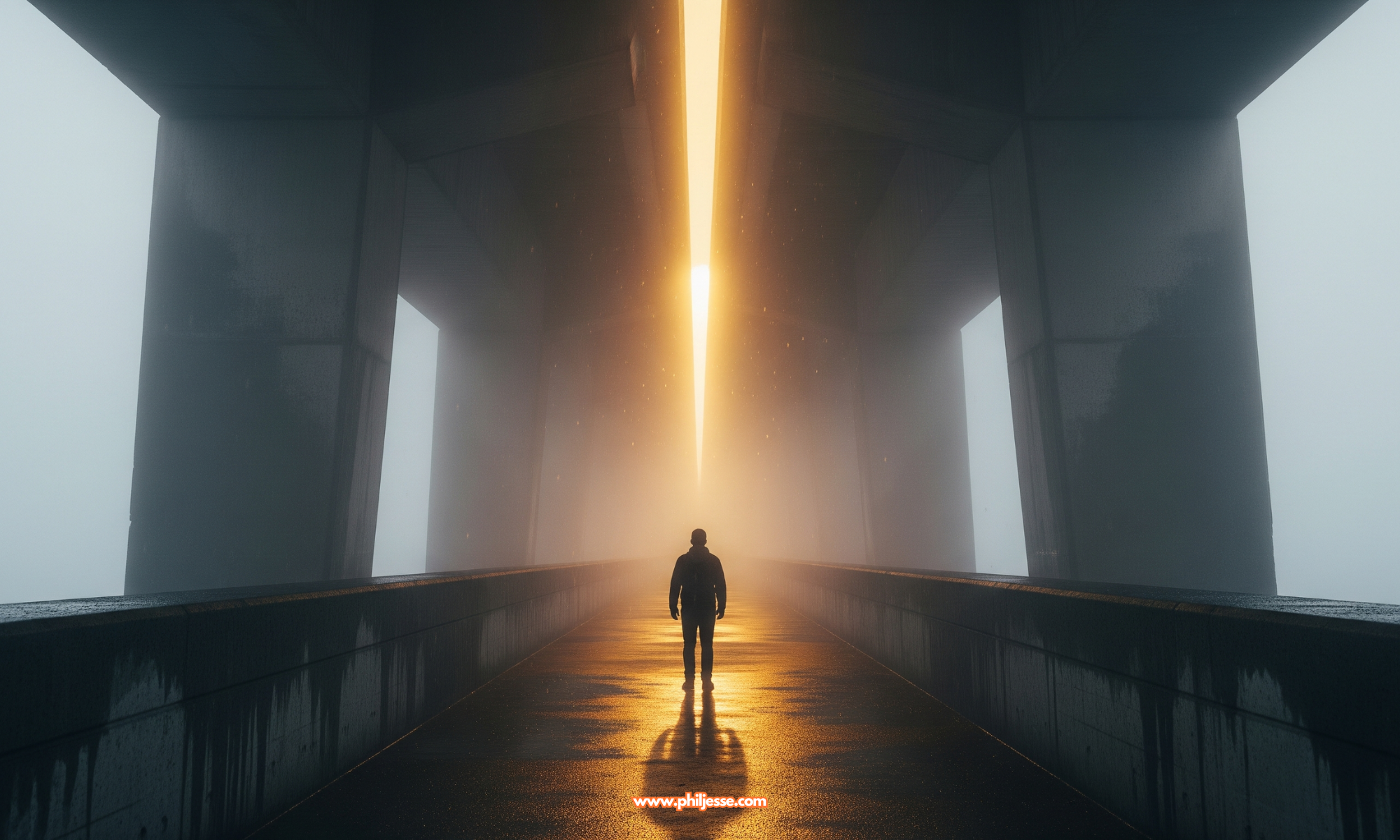 Atmospheric landscape of a lone silhouette on a pier in thick fog, with a beam of light revealing a clear path. Visualises resilience, clearing mental fog, and finding clarity in chaos.