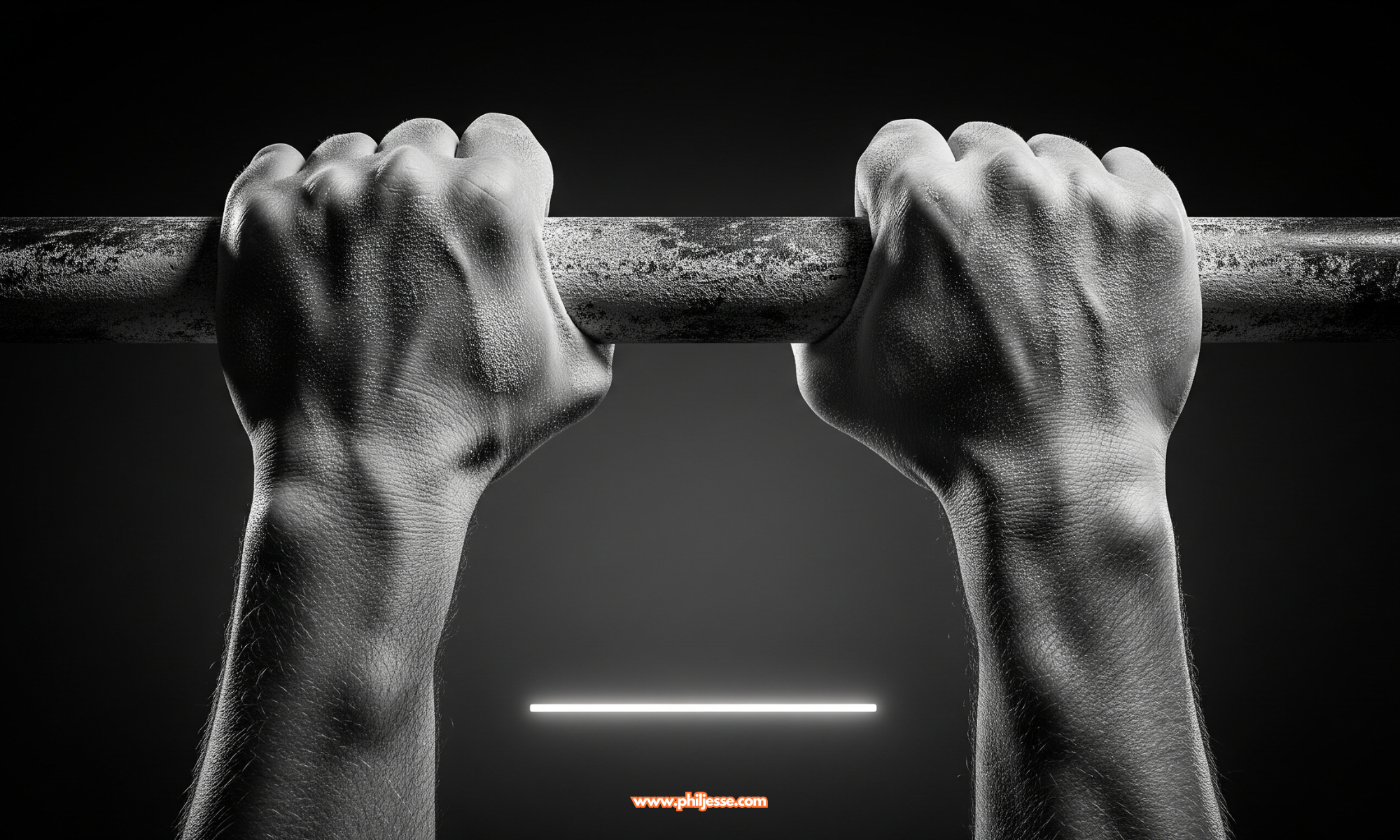 Athlete's chalk-covered hands grip a pull-up bar against a dark void with a glowing horizon line, symbolizing resilience, deep focus, and the AuDHD advantage in endurance.