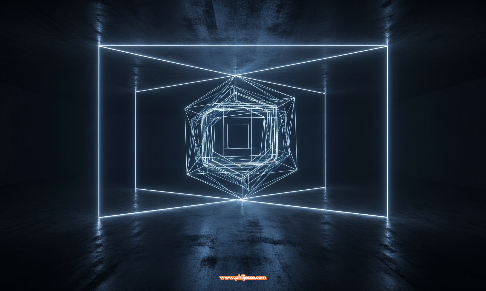 Surreal "mental gym" featuring a glowing blue wireframe cube in a dark concrete space. Visualizes strategic focus and the architecture of thought.