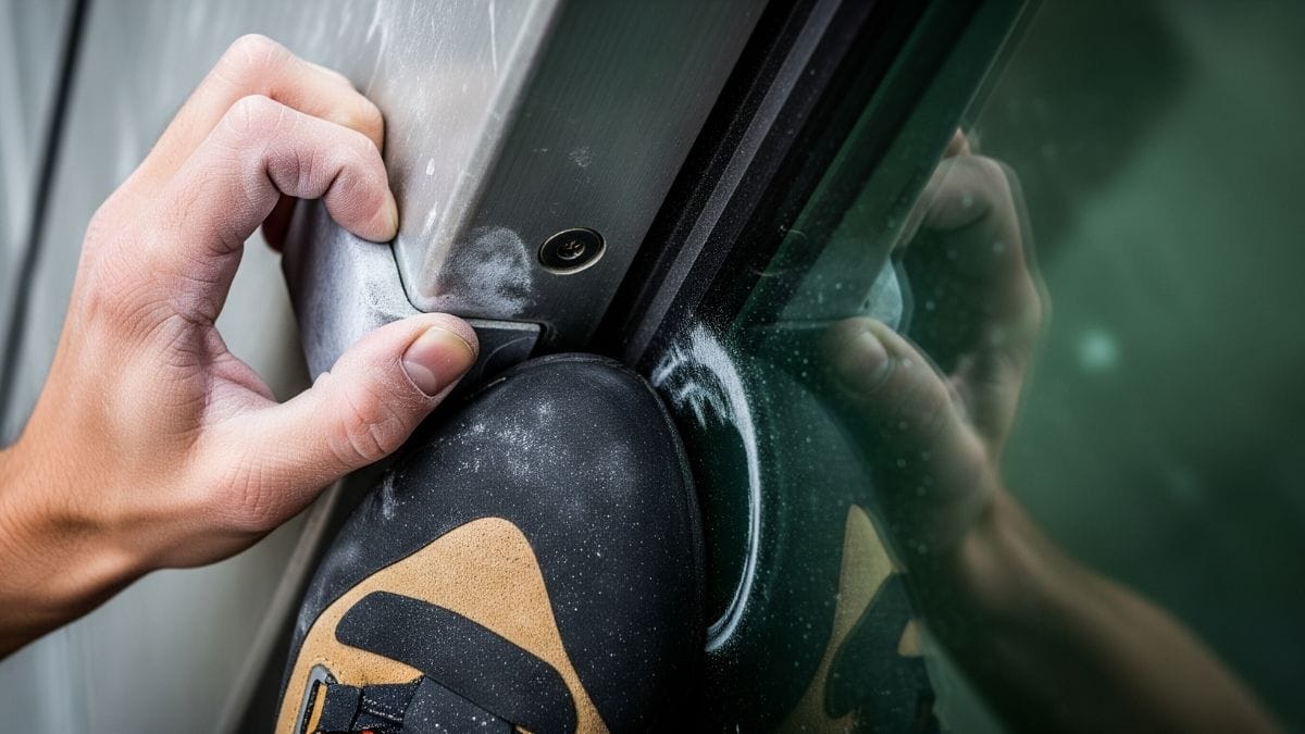 Close-up of a climber's hand and shoe using the smearing technique on the smooth glass surface of a skyscraper.