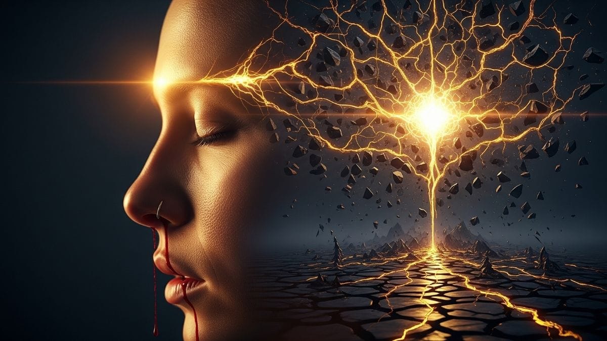 Conceptual art: Woman's profile, eyes closed, blood drips from nose. Bright golden energy cracks emanate from her forehead, shattering the ground and background into fragments.