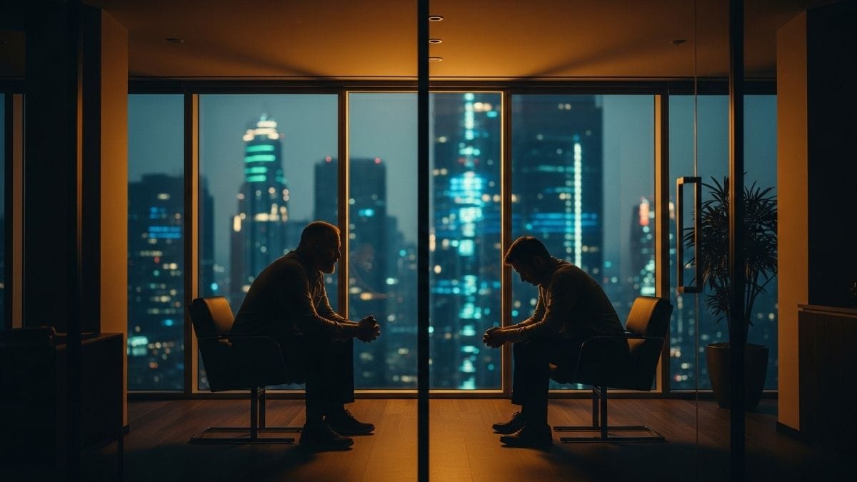 Executive coaching session in a skyscraper at twilight, contrasting warm human connection with the cold AI world outside.