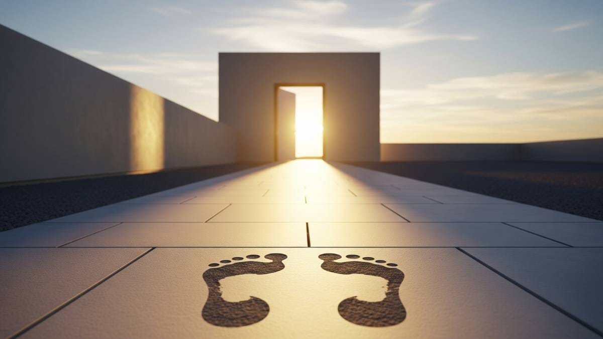 Two sets of footprints begin a journey on a clear path leading to a sunlit doorway, symbolizing a hopeful new beginning.