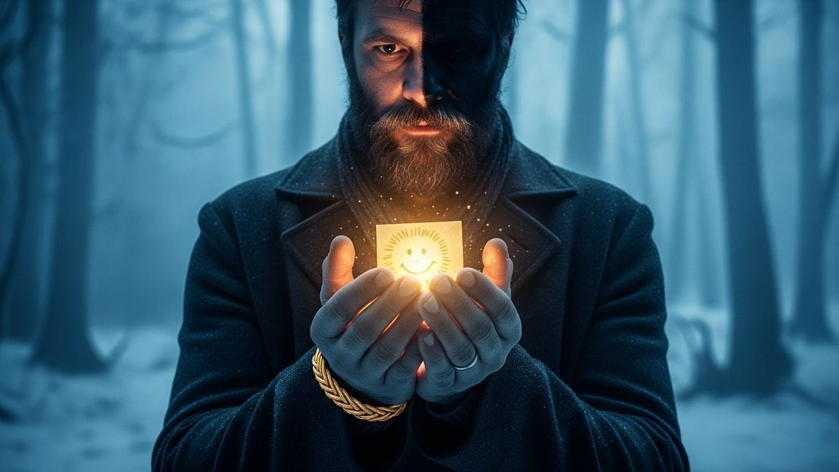 Bearded man in a dark overcoat stands in a misty forest, cupping a small, brightly glowing cube with a simple smiley face, illuminating his hands and lower face.