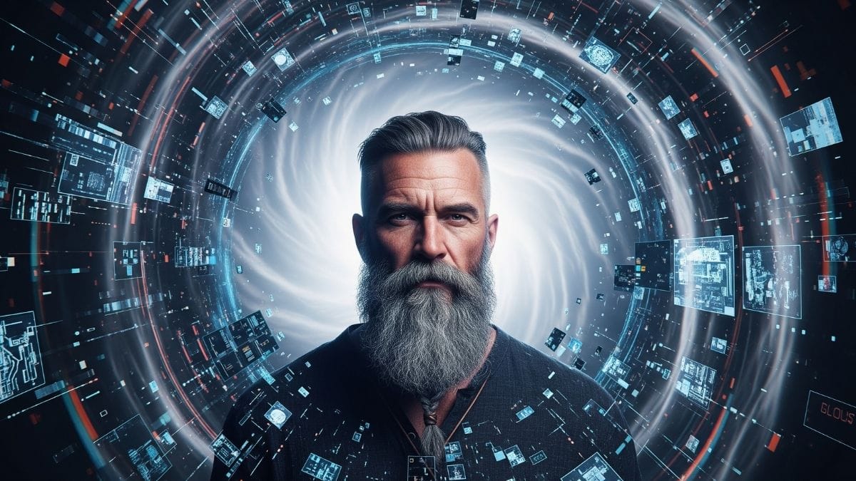 Rugged man standing calm in a digital storm, representing the Viking Paradox and resilience against AI anxiety.