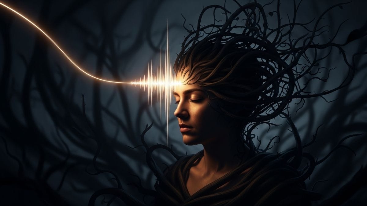 Conceptual art: Serene woman's profile, eyes closed, surrounded by dark, intricate roots. A horizontal beam of wavy light creates a bright energy pulse on her forehead.