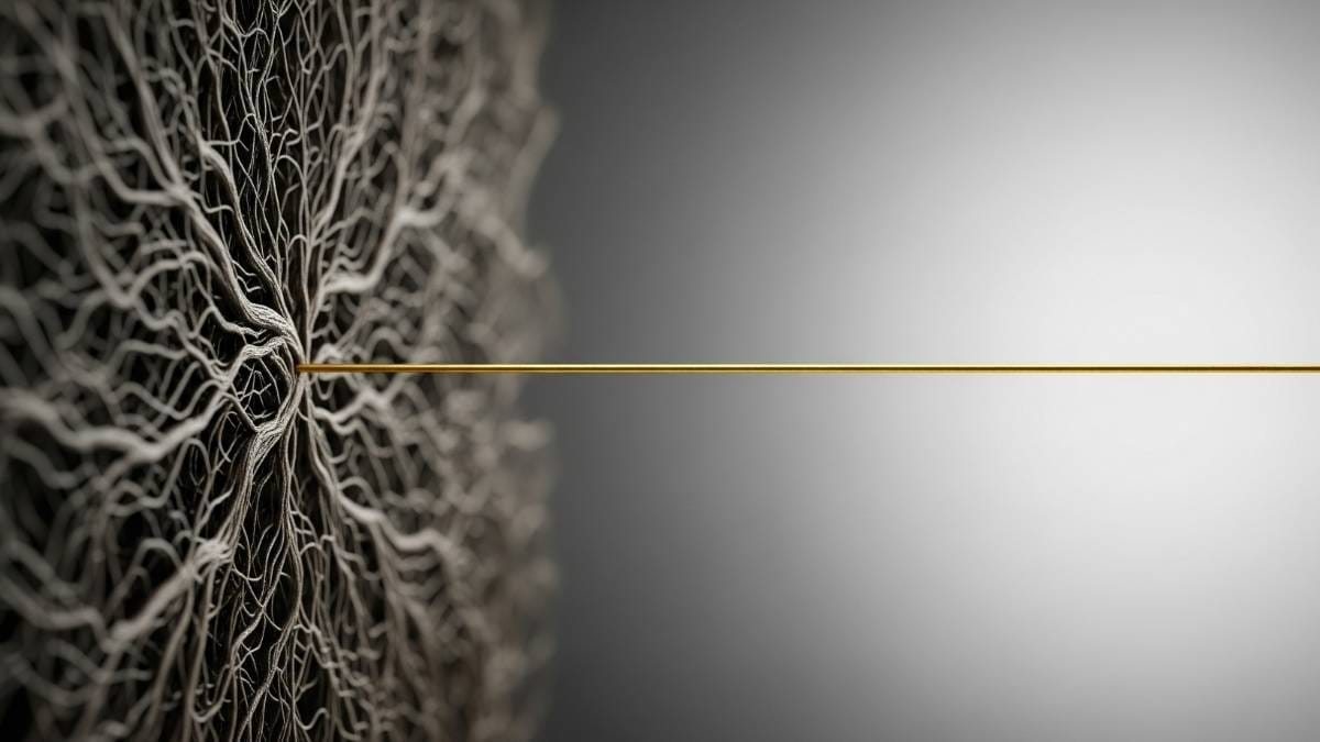 A symbolic image of a tangled knot of white, root-like threads on the left, with a single, straight golden thread emerging and stretching into a clear, bright space on the right.