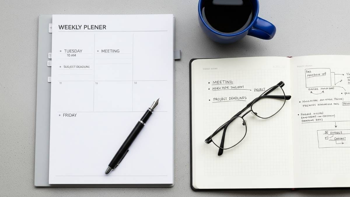 A flat-lay of an organized workspace with a weekly planner, fountain pen, glasses, and a notebook with structured notes.