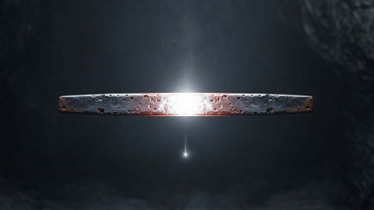 Abstract image of a dark, worn metal bar glowing with a white-hot light in the center. A single particle of light emerges, symbolizing an insight forged from effort.