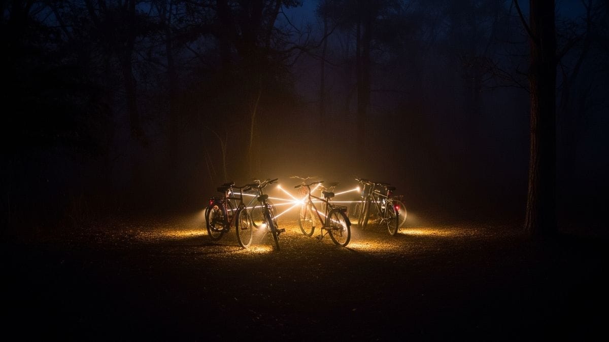 Four bikes form a circle in a dark, misty forest at night. Starburst light emanates from the middle, illuminating the bicycles and fallen leaves. Bare trees loom in the fog.