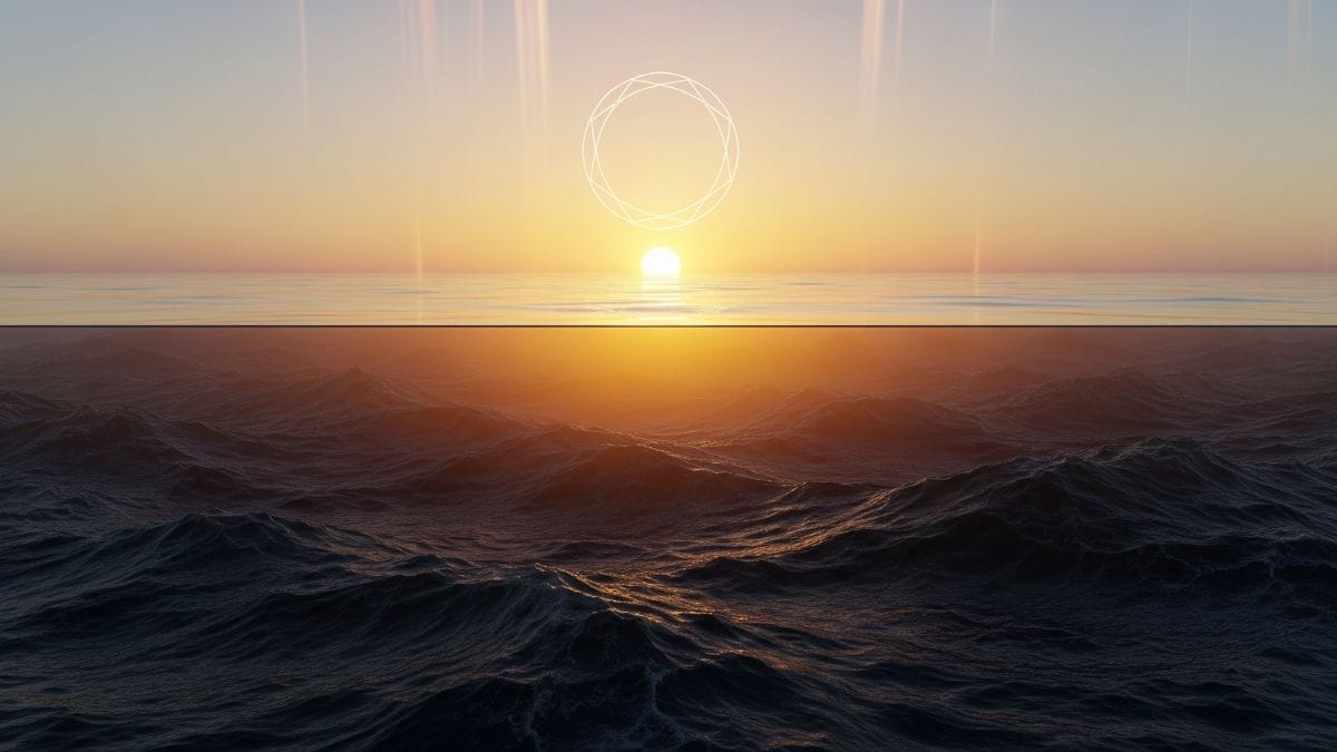 Surreal split landscape showing a rough ocean becoming a calm sunrise, visualizing the transition from food noise to mental clarity and focus.