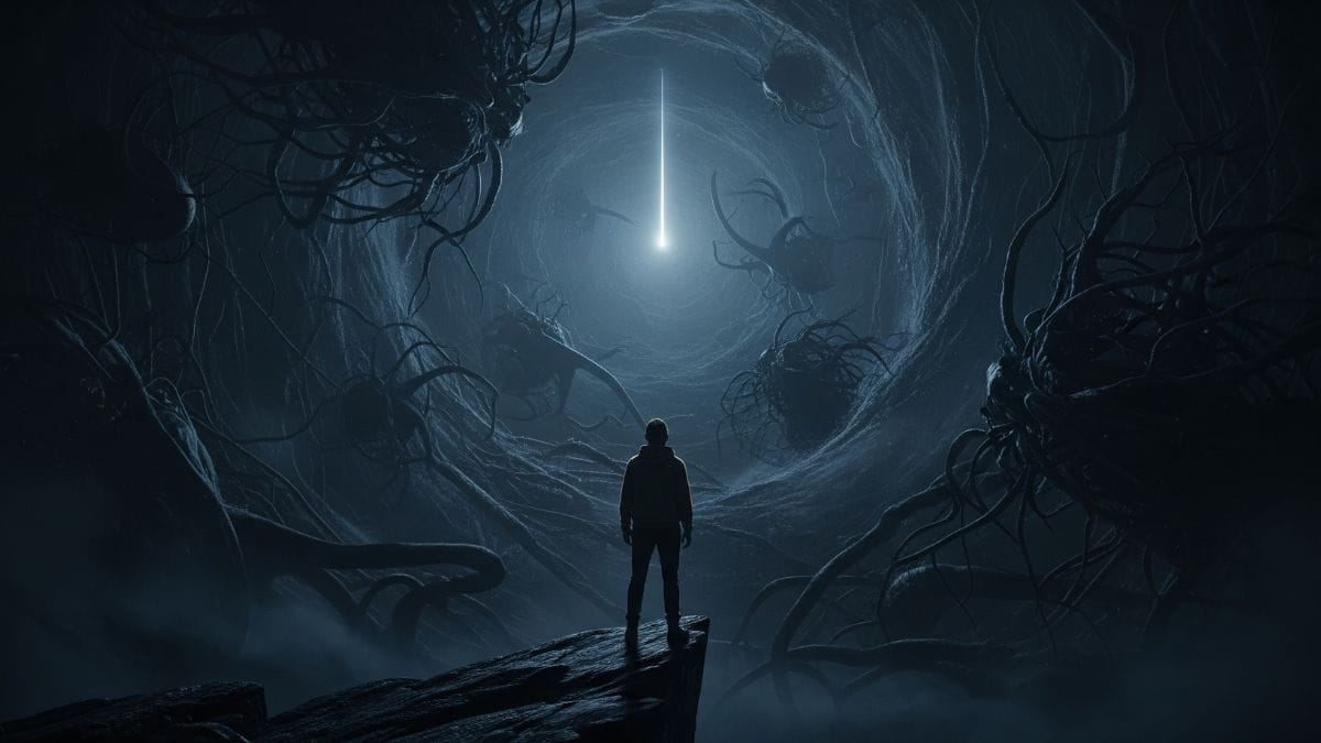 Rear view of a person standing on a rocky precipice, gazing into a large, dark, swirling tunnel made of intricate root structures, leading to a bright light.