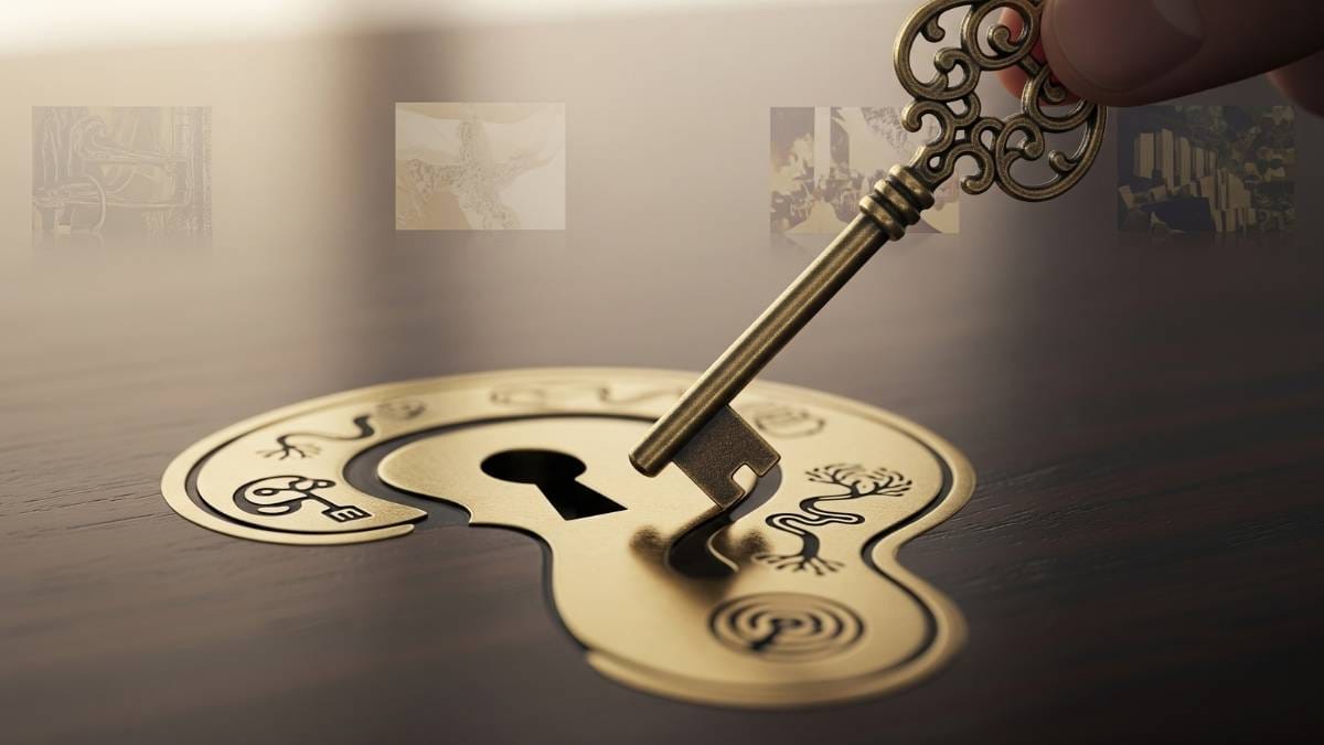 Vintage key in a lock, representing Phil Jessé's bespoke methodology and neuro-affirming strategic coaching approach.