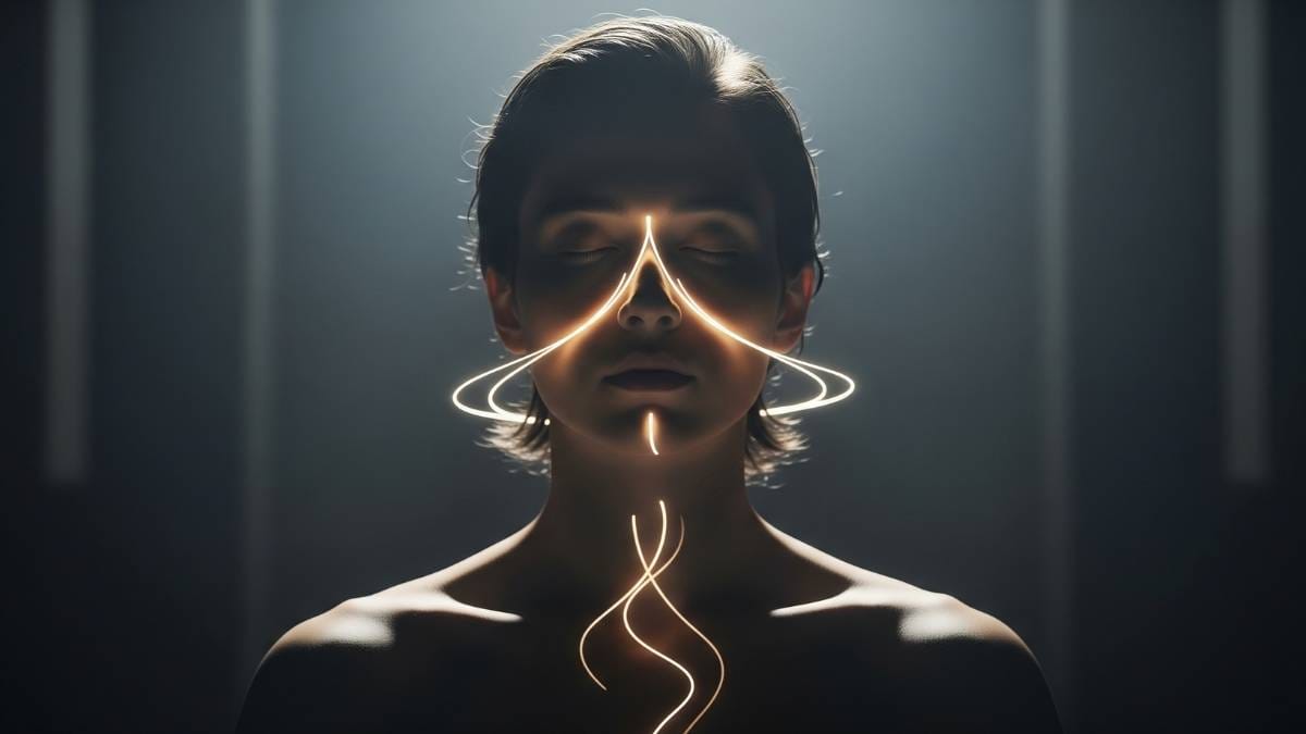 Person practicing breathwork for nervous system regulation, visualised by a glowing line of calm breath flowing.