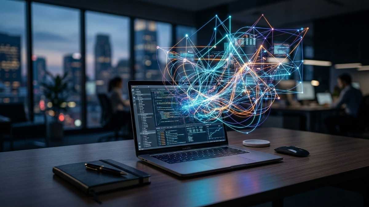 Abstract glowing lines emerging from a laptop, representing the invisible cognitive load carried by top talent.