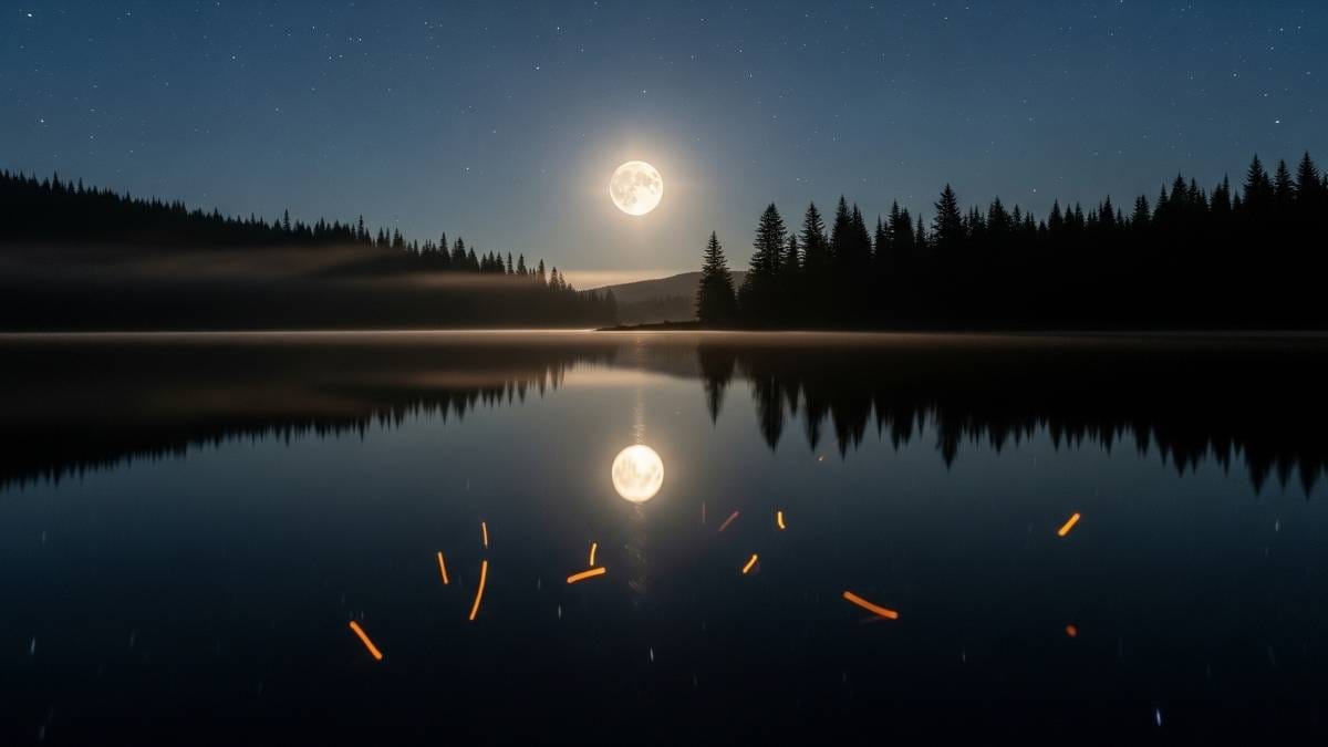 A tranquil moonlit lake with fading glowing embers, representing deep sleep and cognitive recovery.