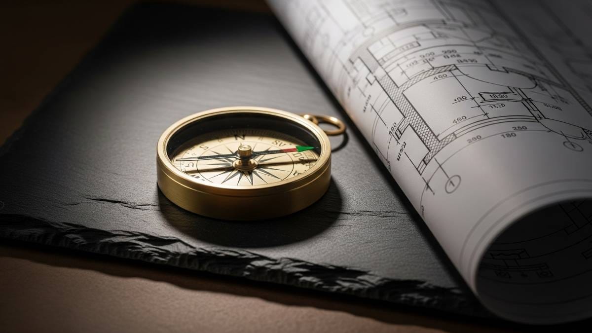Brass compass on an architectural blueprint, reflecting the strategic rigour and structural approach to performance coaching.