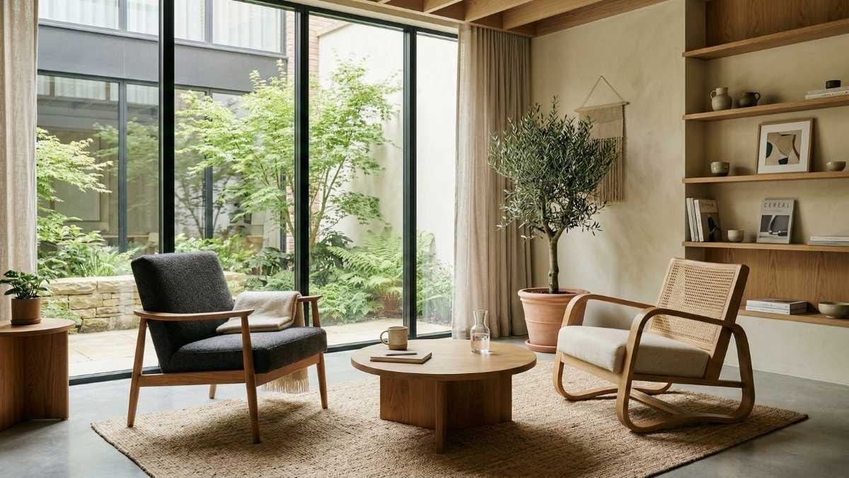 A calming, minimalist room with two chairs, representing the Third Space for cognitive decompression at work.