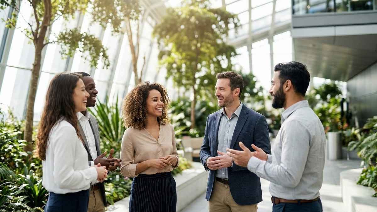 Diverse professionals collaborating in a bright, modern corporate breakout space, representing psychological safety.
