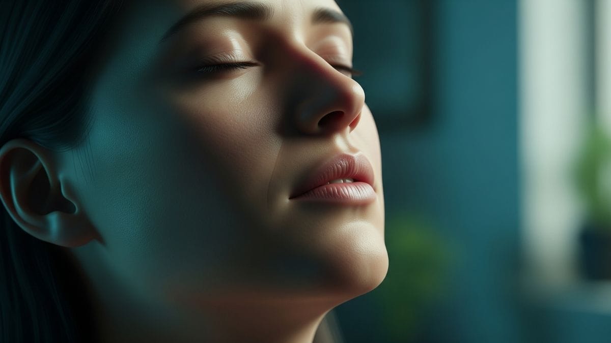 A close-up of a person in a state of deep relaxation during a vagus nerve reset breathing exercise.