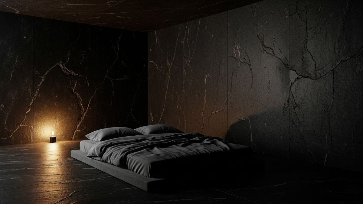 Dark minimalist bedroom with smooth stone walls and dim warm light for sensory withdrawal and deep rest.