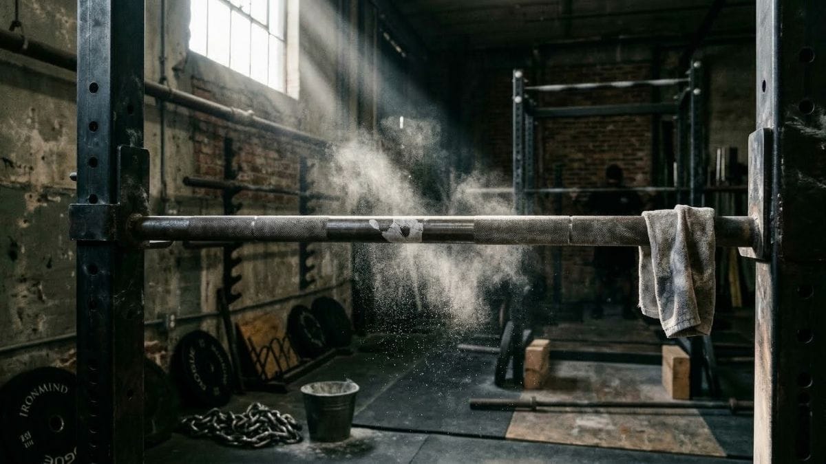 Steel pull-up bar in a raw, industrial gym representing extreme endurance and the laboratory of the mind.