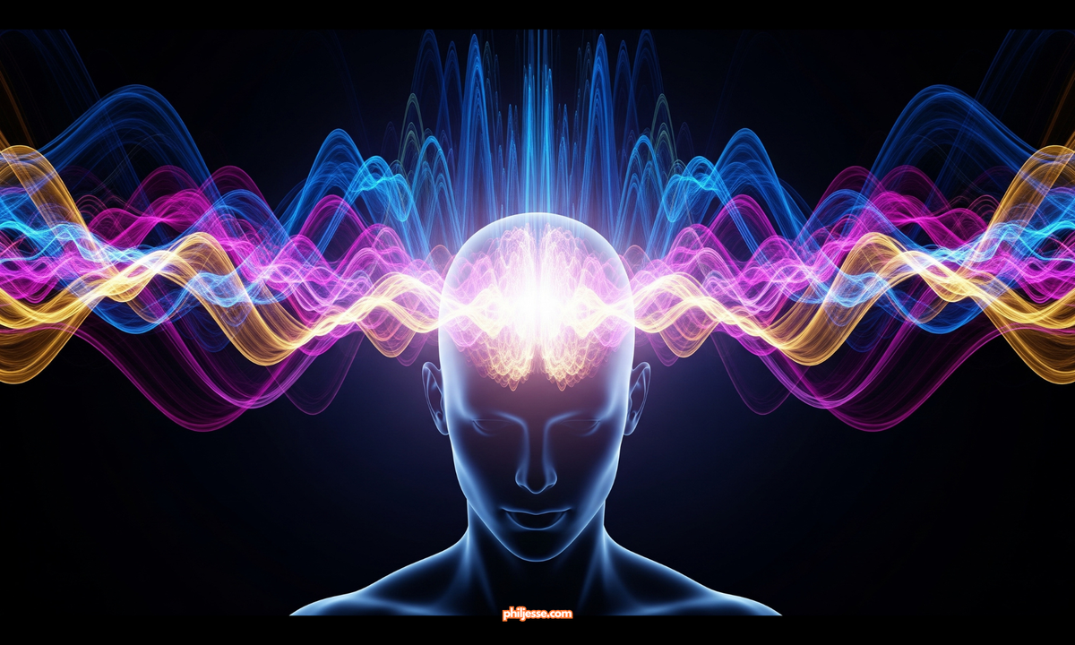 An abstract silhouette of a person's head radiates vibrant waves of blue, magenta, and gold light, symbolizing powerful mental energy.