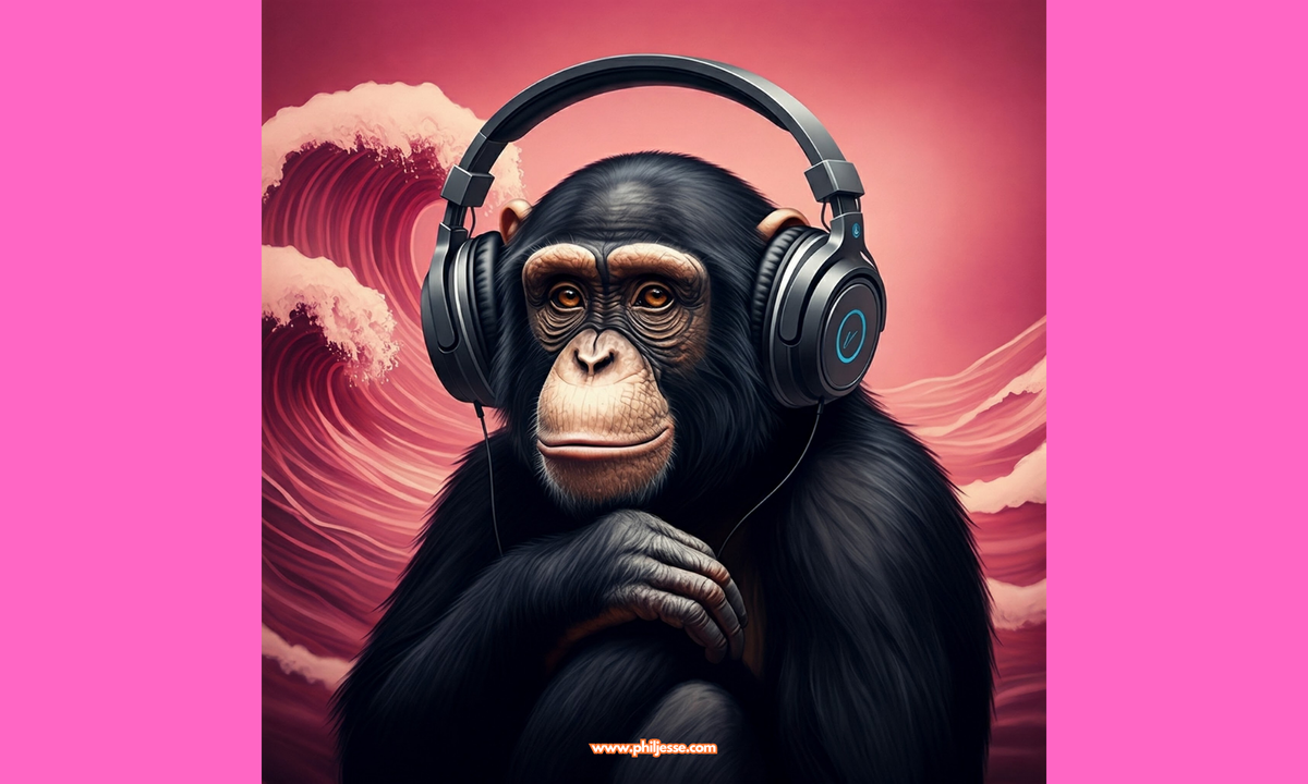Content monkey wearing headphones listening to pink noise for focus and concentration, with pink waves in the background.