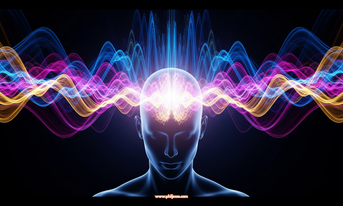 An abstract silhouette of a person's head radiates vibrant waves of blue, magenta, and gold light, symbolizing powerful mental energy.