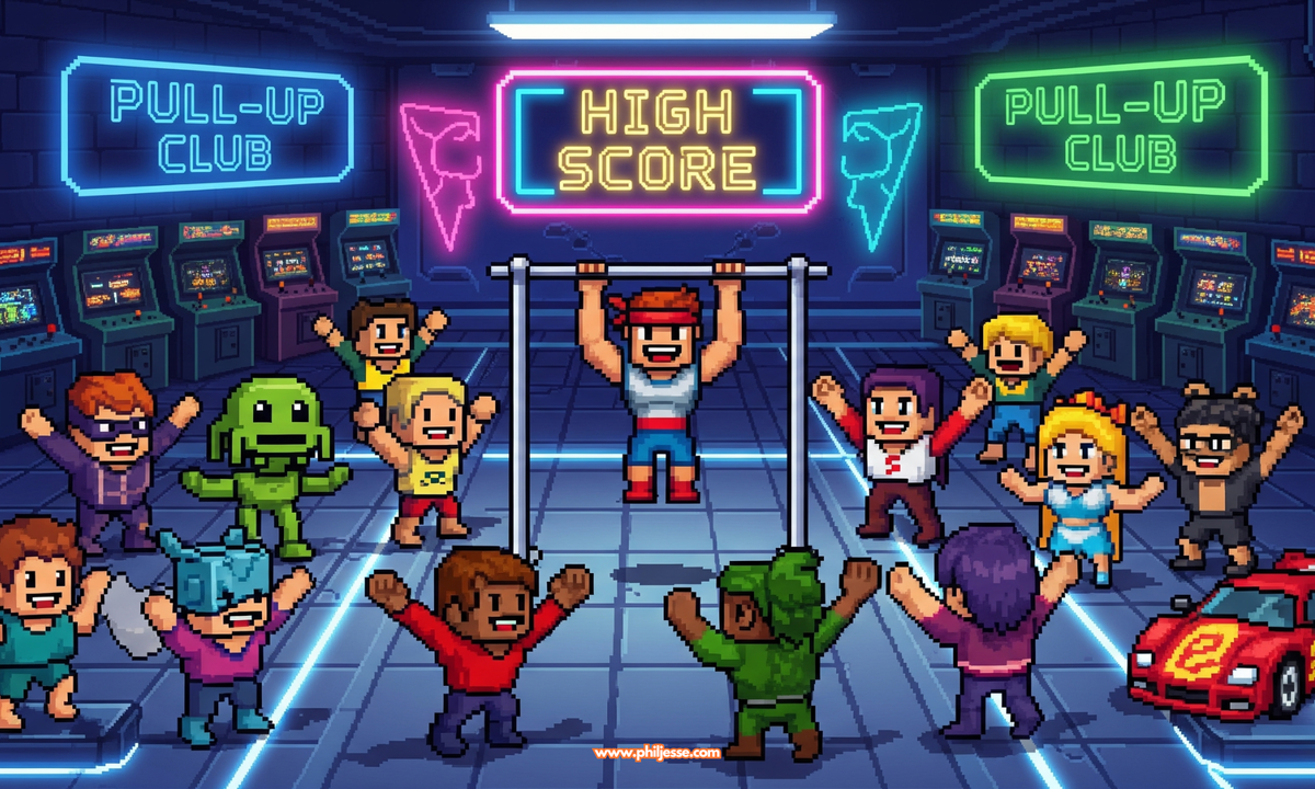 A 16-bit pixel art scene of retro game characters cheering at the 'PULL-UP CLUB'. One character is on the bar under a 'HIGH SCORE' sign.