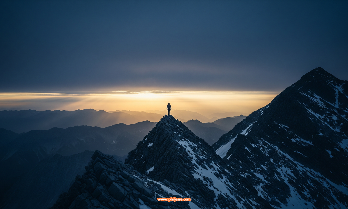 A lone climber stands on a jagged mountain peak at sunrise, silhouetted against a golden horizon. This epic view symbolizes resilience, macro vision, and the anchoring power of purpose.