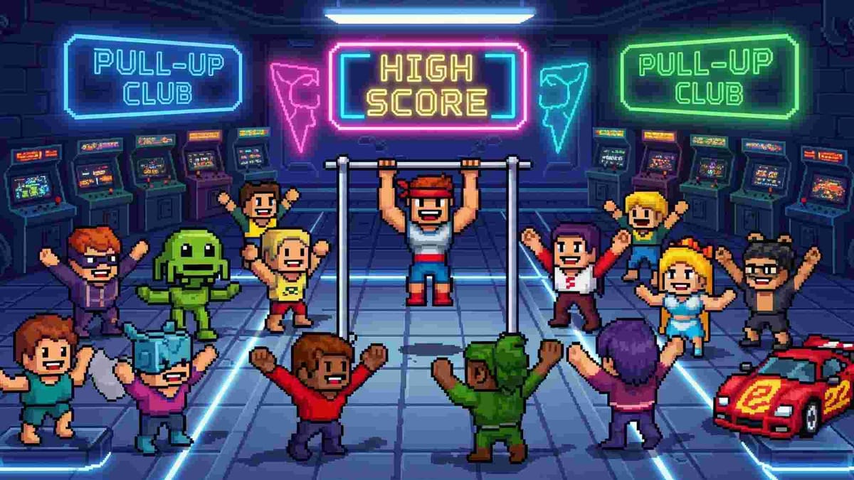 A 16-bit pixel art scene of retro game characters cheering at the 'PULL-UP CLUB'. One character is on the bar under a 'HIGH SCORE' sign.