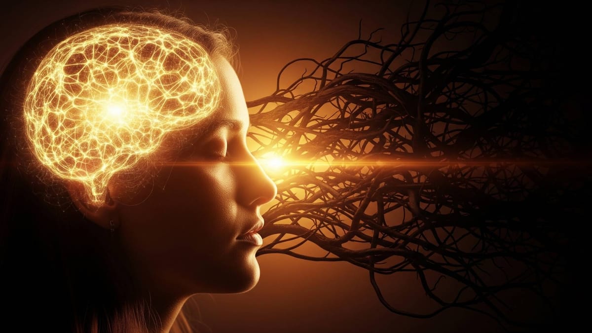 Conceptual art: Woman's profile, eyes closed. Her brain is a glowing golden web of energy, contrasted by dark roots extending behind. Bright lens flare cuts across.