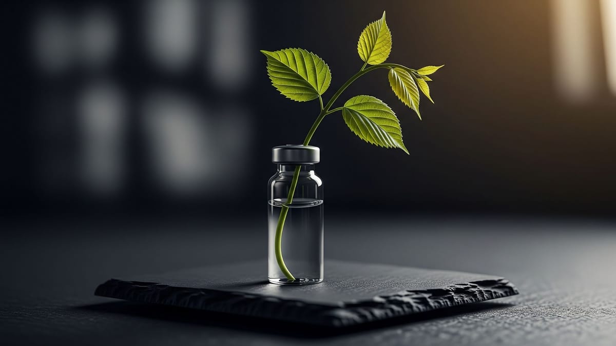 Close-up of a medical vial with a green plant growing from it, representing the balance between weight loss injections and a sustainable growth mindset.